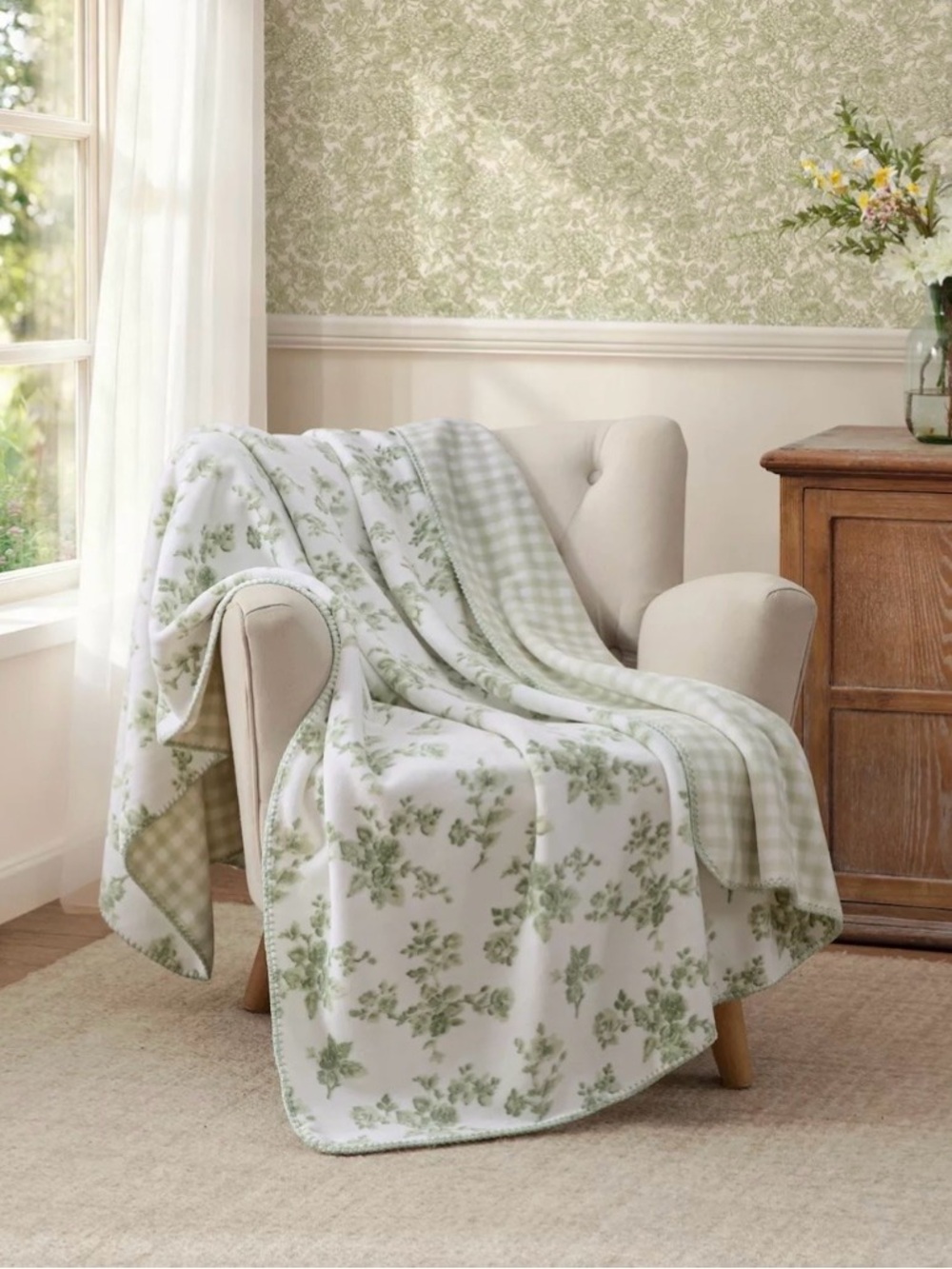 SAGE FLORAL GINGHAM Laura Ashley Reversible Throw Blanket ~ Cottage Shabby